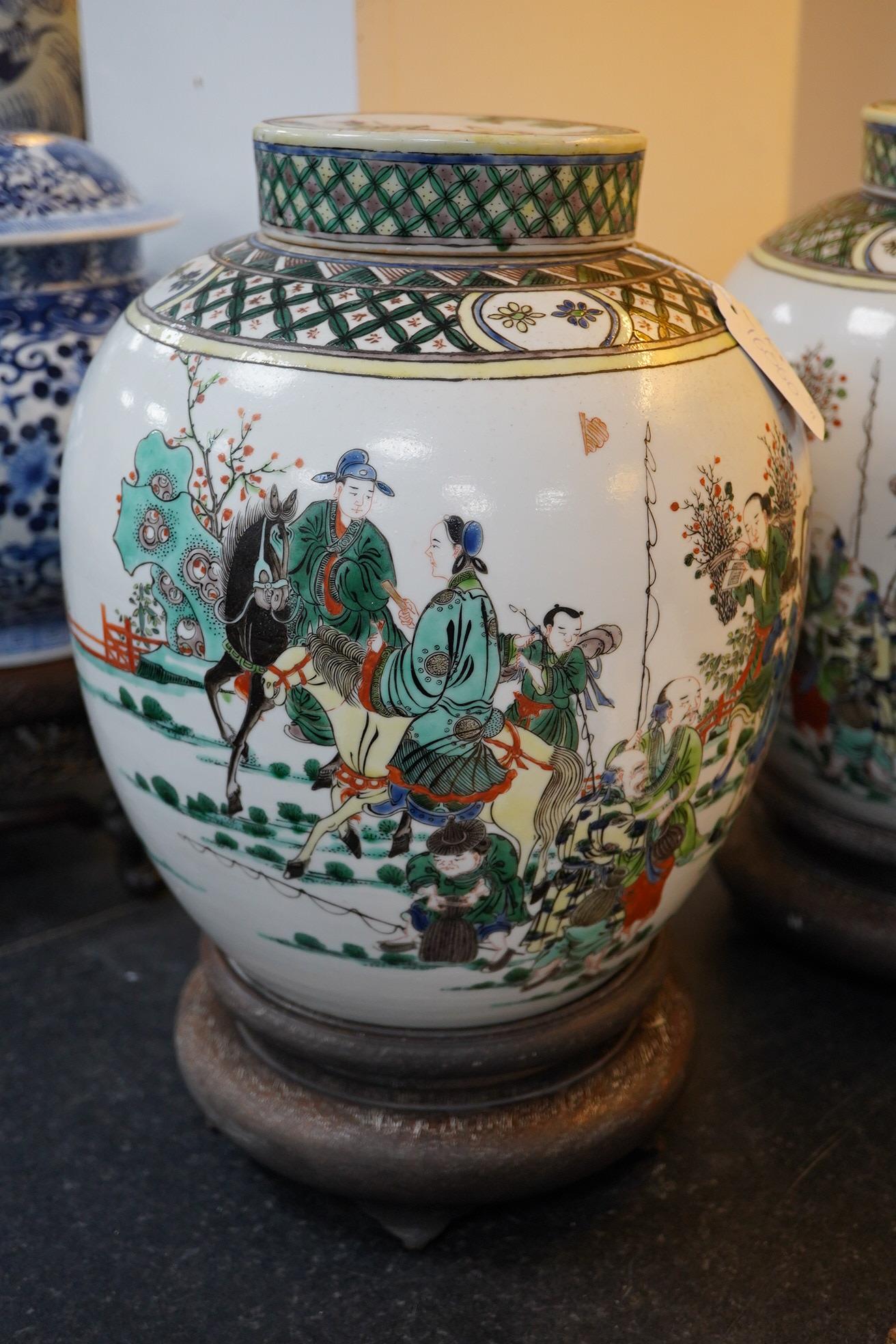 A pair of large Chinese famille verte globular jars and covers, early 20th century